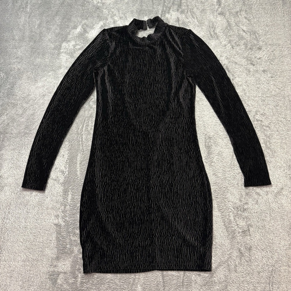 H&M Black‎ Velvet Textured Mini Dress Women's Small Long Sleeve High Neck